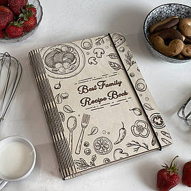 Кулінарна книга Дерев'яна в обкладинці з гравіюванням Best family recipe book на 75 аркушів від "SKINWOOD" CB-001