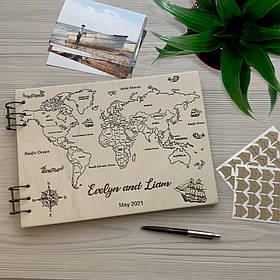 Альбом для фотографій та записів у дерев'яній обкладинці з лазерним гравіюванням Карта світу від "SKINWOOD" FAL-31