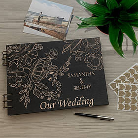 Фотоальбом у дерев'яній обкладинці з індивідуальним гравіюванням та кільцями Квіти півонії "SKINWOOD" FA-17