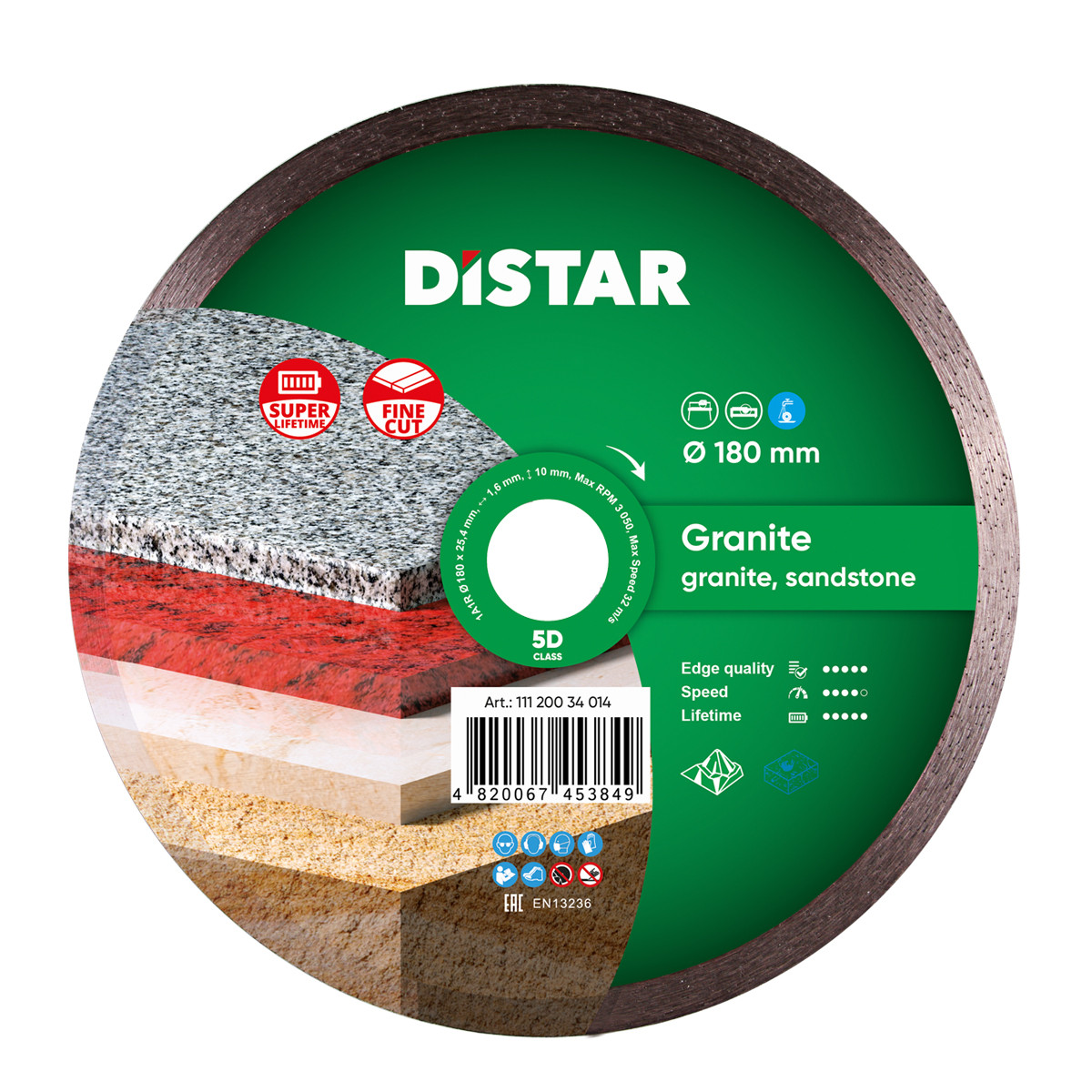 Круг алмазний відрізний Distar Granite 1A1R 180 x 25.4 Суцільний (1120034014)
