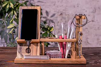 Настільний органайзер з дерева для телефона та жіночих дрібничок «Жіночий органайзер»