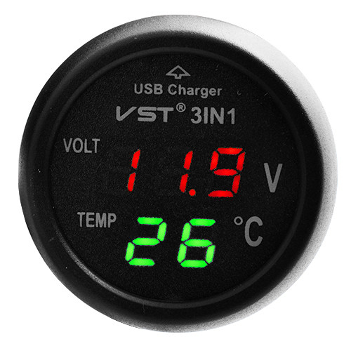 Термометр-вольтметр VST-706-4, червоно-зелений, + USB