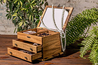 Дерев'яна жіноча скринька для прикрас з дзеркалом | 2 шухлядки + відділення для прекрас і аксесуарів