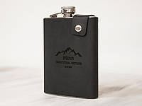 Оригинальная подарочная именная фляга для любителей гор, кожаный чехол, из нержавейки, 240 мл, Черный