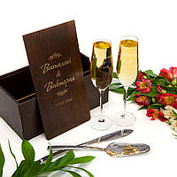 Свадебные бокалы с гравировкой + лопатка и нож для торта на свадьбу GCK-0005