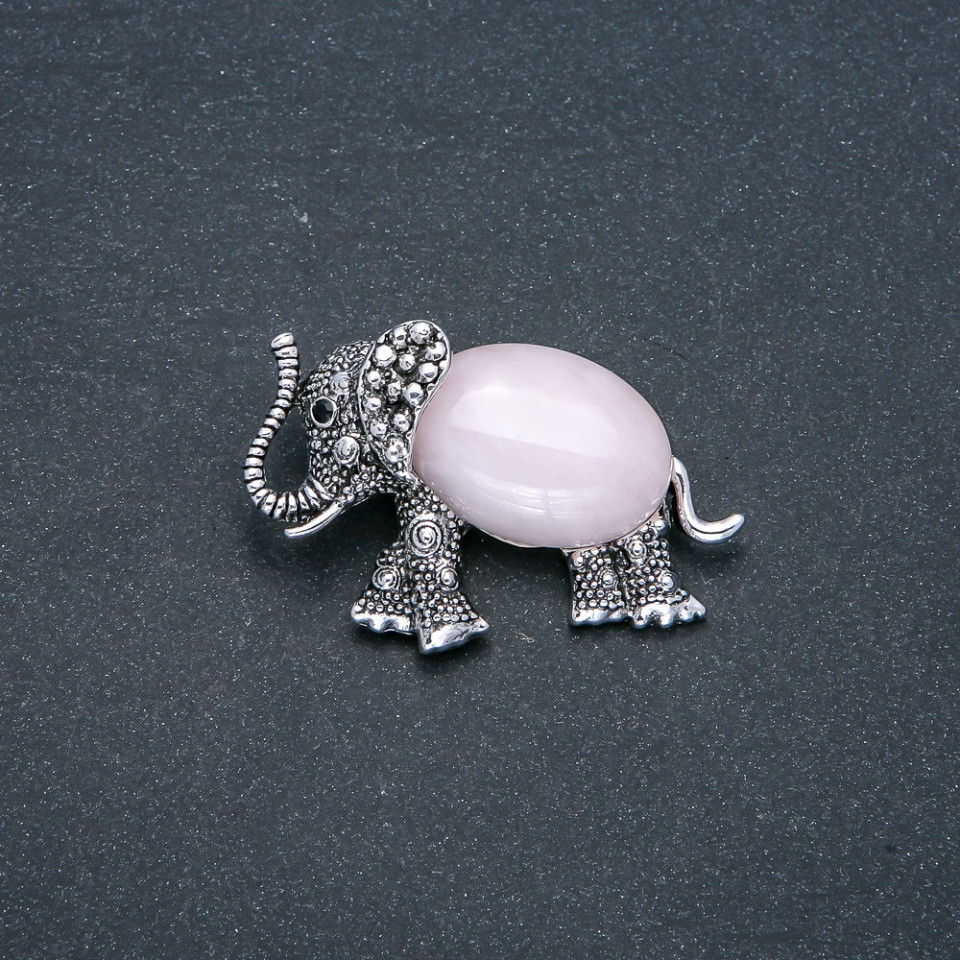 Брошка-кулон Слон з натуральним каменем Рожевий Кварц, сріблястий метал 45х30мм+- купить бижутерию дешево