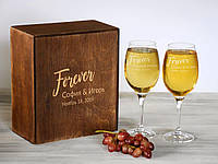 Стеклянные парные бокалы для вина с лазерной гравировкой в винтажной коробке GT-0009, 2 бокала + деревянная коробка