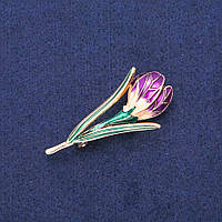 Брошка Кулон Квітка фіолетова і зелена емаль, золотистий метал 25х50мм купити біжутерію дешево в інтернеті