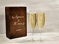 Свадебные бокалы для шампанского с инициалами, 2 бокала по 200 мл + деревянная коробка