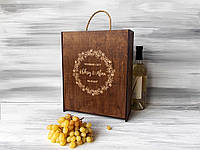 Коробка для вина на 3 бутылки с гравировкой «Венок», корпоративный подарок, Темное дерево