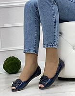 Балетки туфли женские лаковые с открытым носком темно-синие размер 36,37,38,39,40