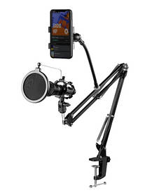 Мікрофонна стійка-пантограф із затискачем на стіл, поп фільтром та тримачем телефону Manchez 103A