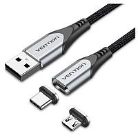 Магнитный кабель Vention 2-в-1 USB 2.0 - Micro USB + USB-C 1 м металлические коннекторы Black (CQMHF)