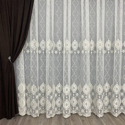 Тюльський бамбук Fantazi з кордовою вишивкою No4036 Молочний, фото 1