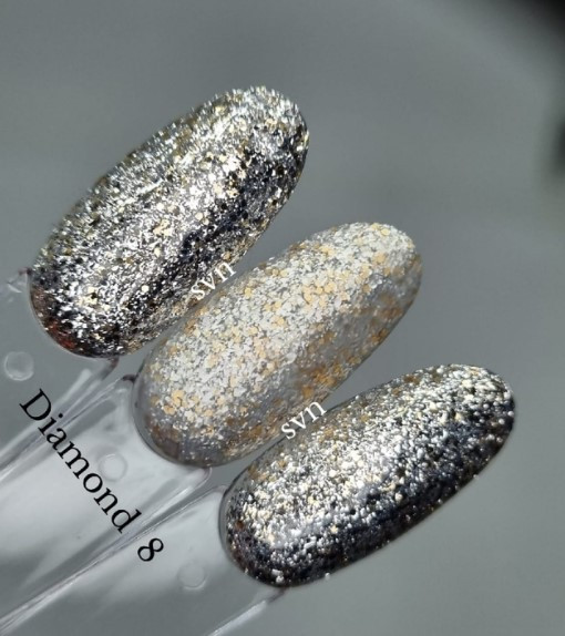 Гель лак срібний з мілким золотом SVN Diamond №8 10мл