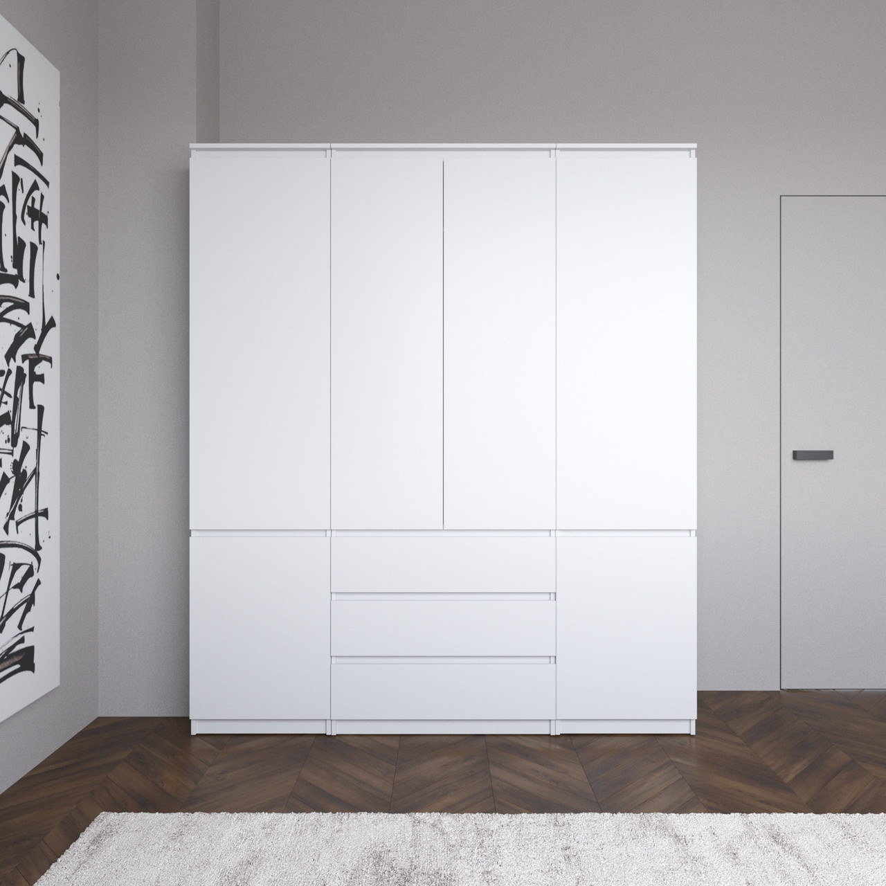 Шафа зі штангою та полицями, комплект з 2 пеналів з полицями та 1 шафа зі штангою з 3 шухлядами R9+R22-2 Білий, фото 1