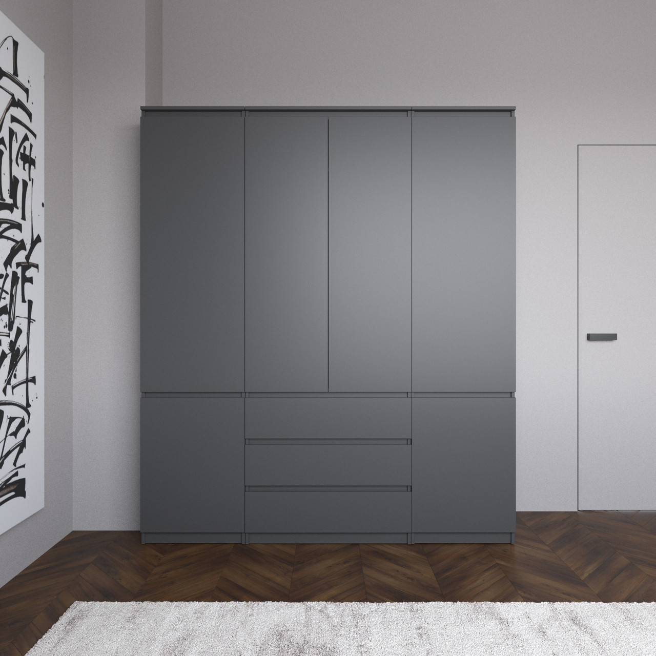 Шафа зі штангою та полицями, комплект з 2 пеналів з полицями та 1 шафа зі штангою з 3 шухлядами R9+R22-2 Антрацит, фото 1