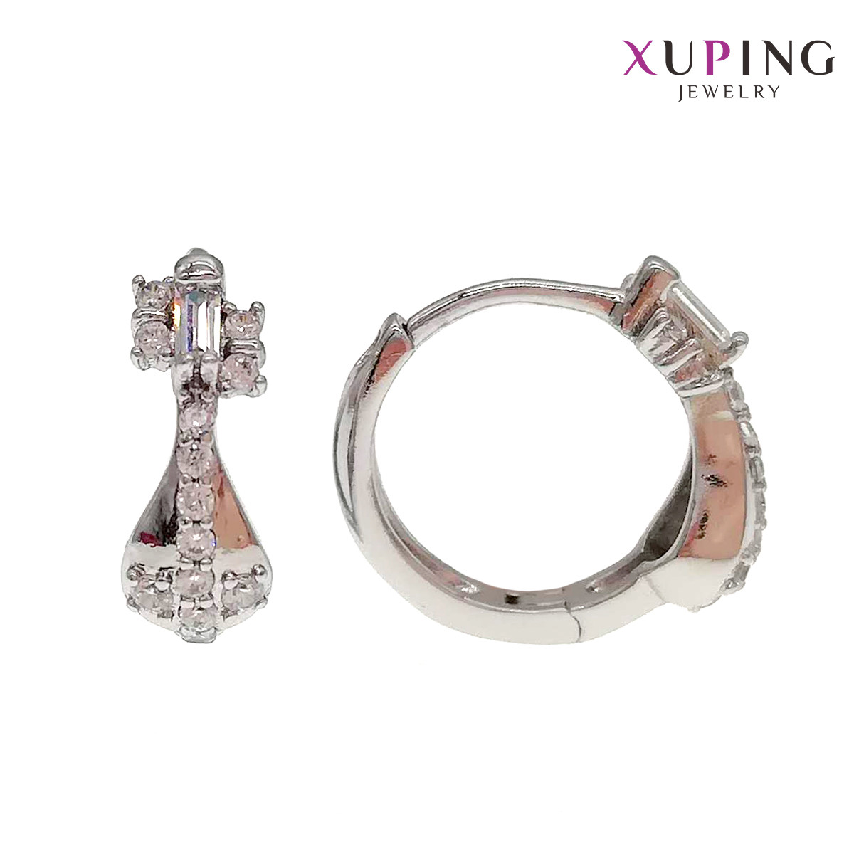 Сережки Xuping, розмір 14x5 мм, білі фіаніти (куб. цирконій), вага 3 г, родій (біле золото), ХР00669 (1)