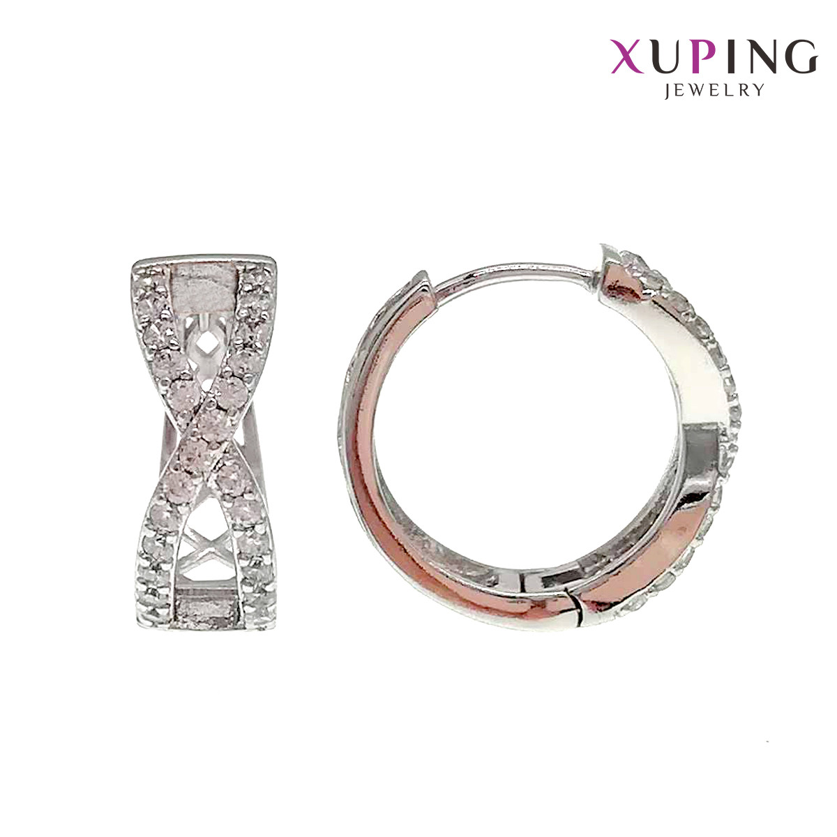 Сережки Xuping, розмір 17x6 мм, білі фіаніти (куб. цирконій), вага 5 г, родій (біле золото), ХР00681 (1)