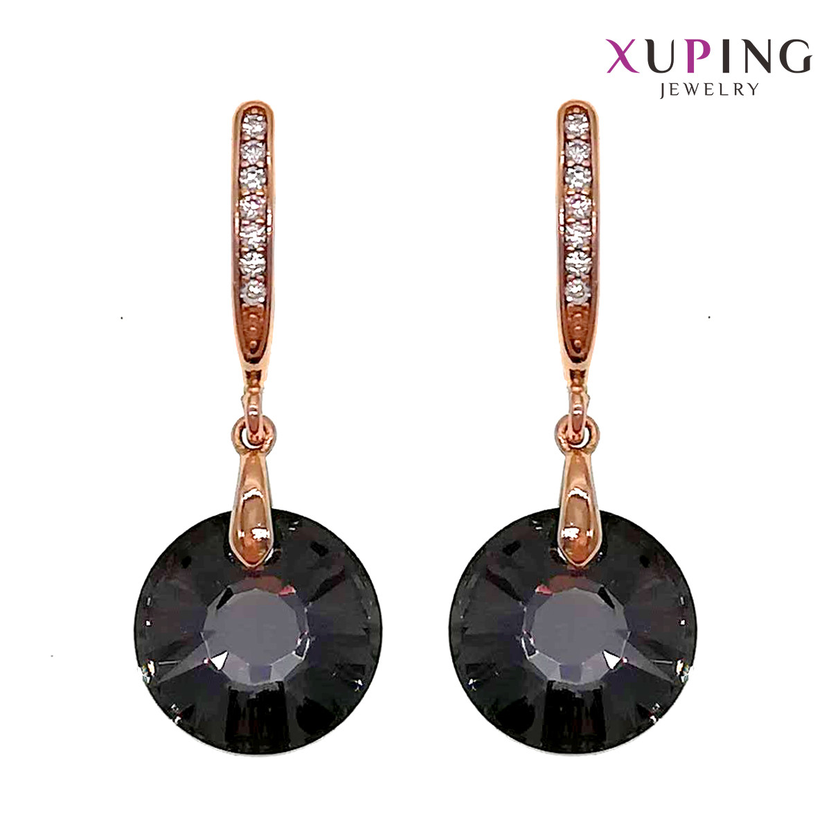 Сережки Xuping, розмір 32х12 мм, кристали Swarovski графітового кольору та білі фіанти (куб. цирконій), вага 6