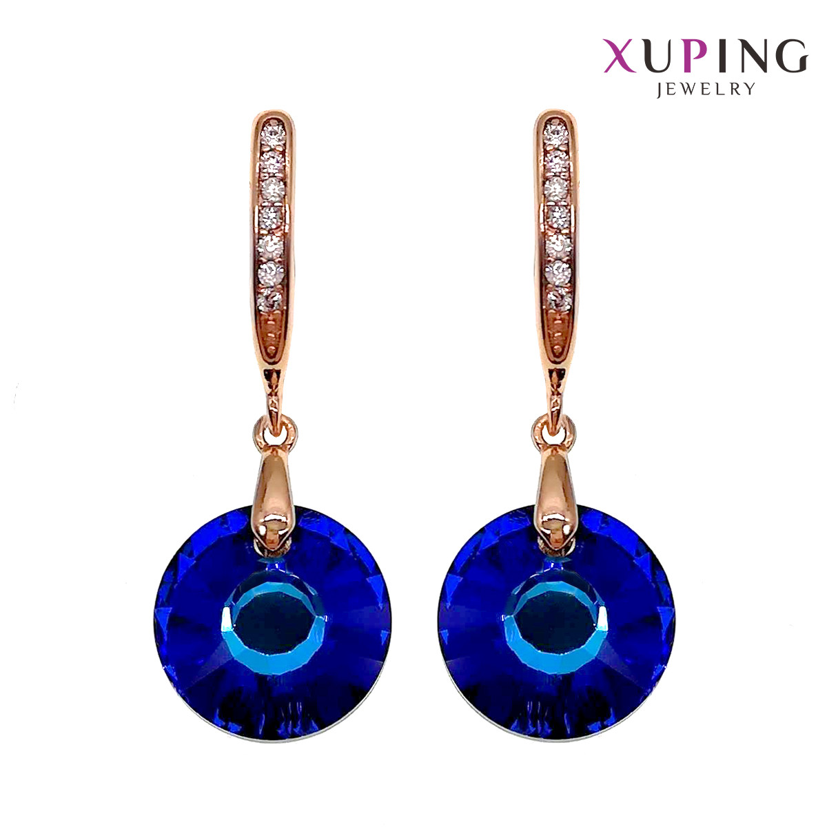 Сережки Xuping, розмір 32х12 мм, кристали Swarovski синього кольору та білі фіанти (куб. цирконій), вага 6 г,