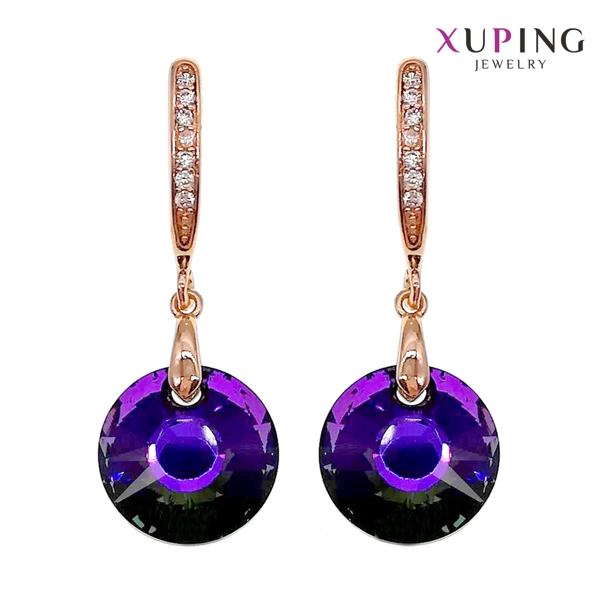 Сережки Xuping, розмір 32х12 мм, кристали Swarovski фіолетово-пурпурного кольору та білі фіанти, вага 6 г,