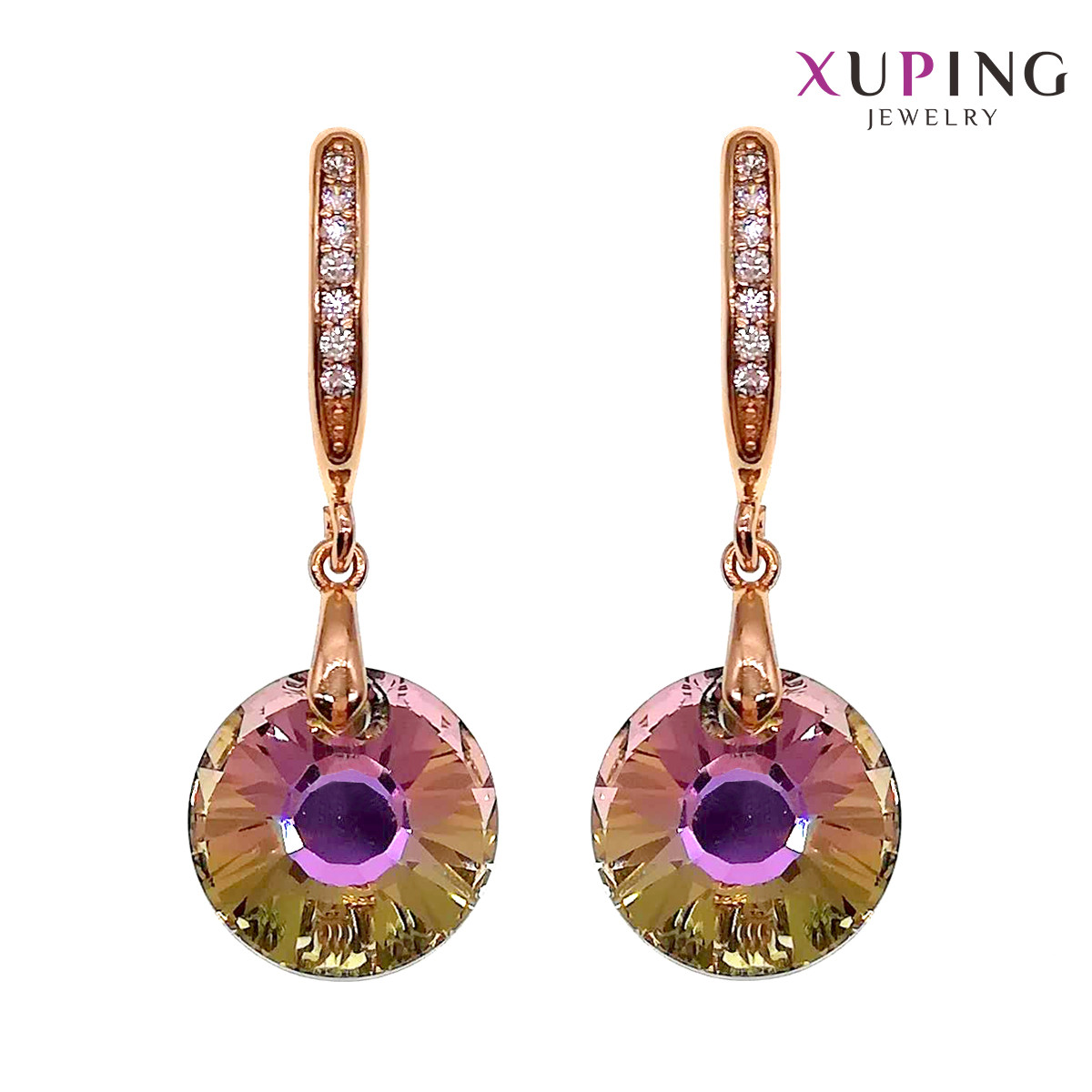 Сережки Xuping, розмір 32х12 мм, кристали Swarovski рожево-оливкового кольору та білі фіаніти, вага 6 г, позолота