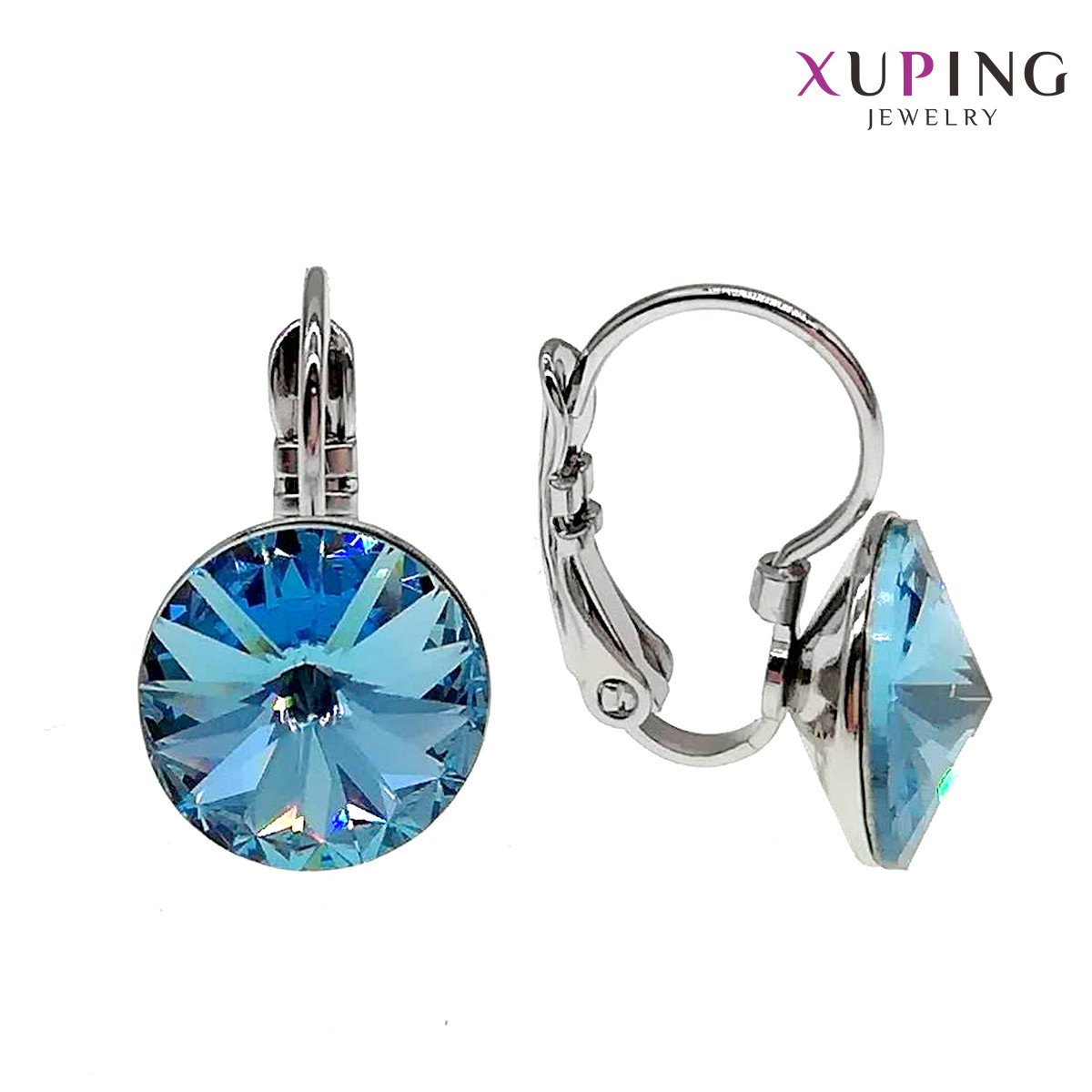 Сережки Xuping, розмір 18x11 мм, кристали Swarovski небесно-блакитного кольору, вага 4 г, родій (біле золото),