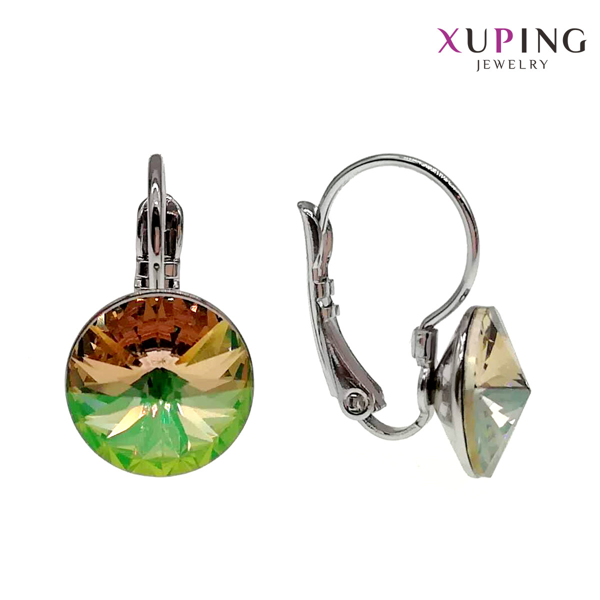 Сережки Xuping, розмір 18x11 мм, кристали Swarovski зелено-жовтого кольору, вага 4 г, родій (біле золото),