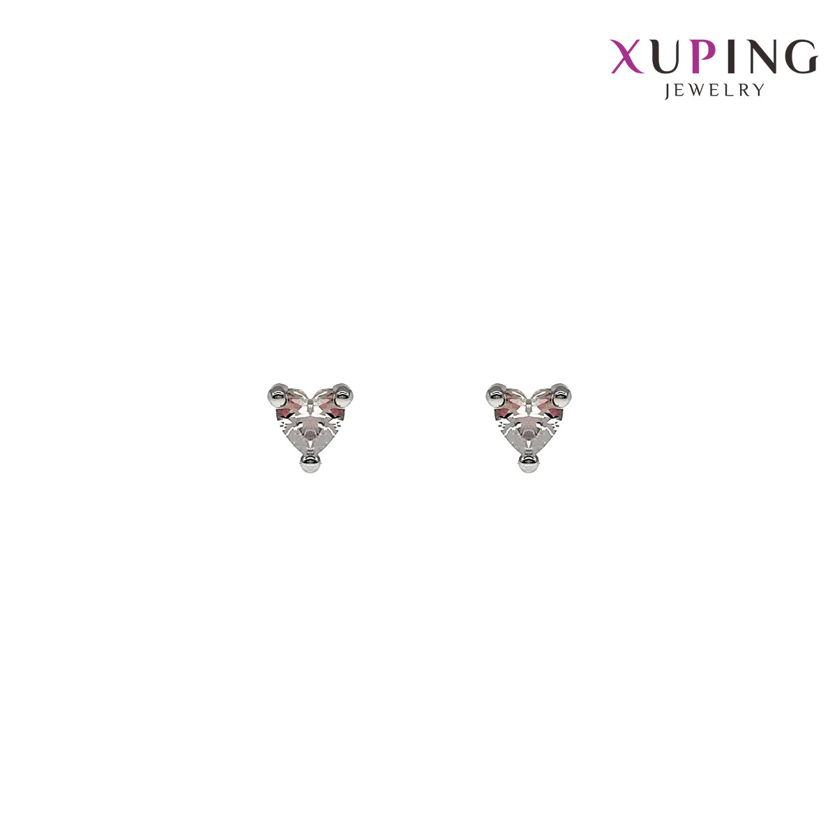 Сережки Xuping гвоздики "Сердечка", розмір 3,5х3,5 мм, білі фіаніти (куб. цирконію), вага 0,9 г, рід (біле