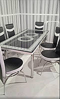 Стіл з 3D малюнком + 6 стільців кухонний обідній стіл зі скла і хромованого металу 3д стіл