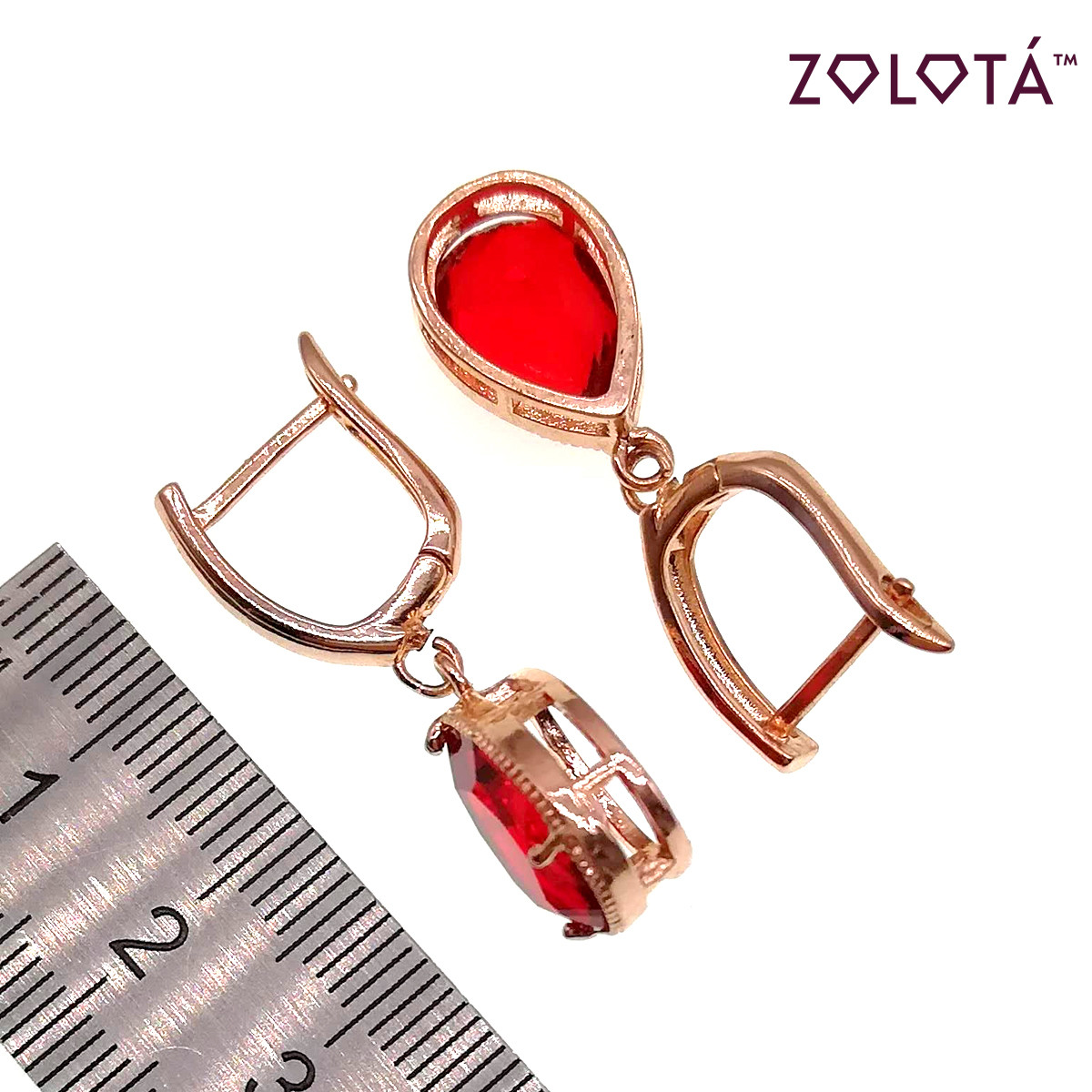 Серьги Zolota из медицинского золота с красными фианитами (куб. цирконием), в позолоте, ЗЛ00681 (1) - фото 3 - id-p1633831107