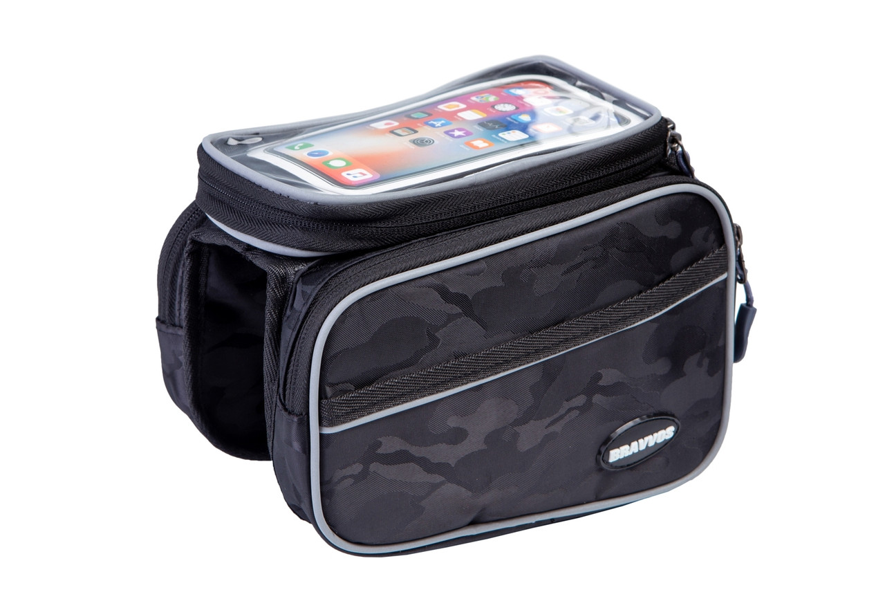 Велосумка на раму, з бічними кишенями та відділенням під смартфон BRAVVOS QL-012, чорна хакі