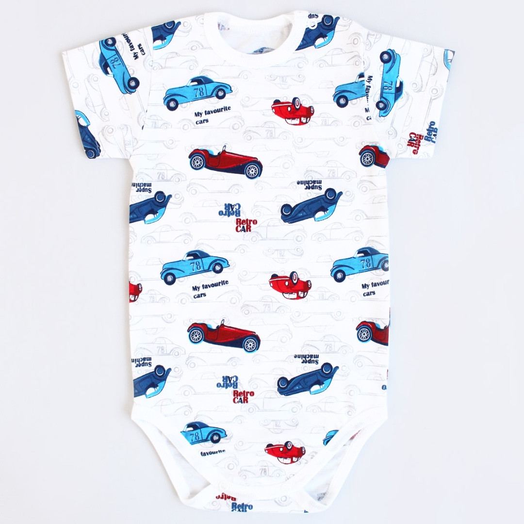 Дитячі бодіки футболки літні на короткий рукав для новонароджених хлопчиків бавовняні з ретро автомобілями від TM Ladan.