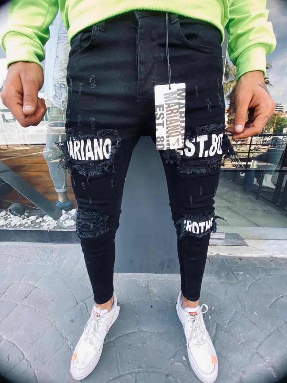 Мужские черные зауженные джинсы с надписями и заплатками, Турция