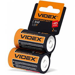 Батарейки сольові VIDEX R14P/C + 40%Lifetime SHRINK CARD 2шт