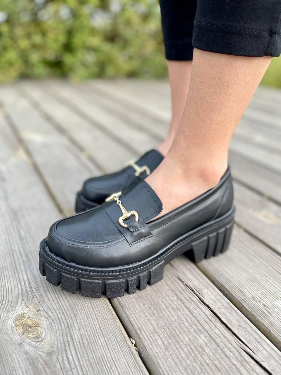 Туфлі жіночі Gucci Loafers Black чорні з натуральної шкіри лофери повсякденні весна осінь ґуччі, фото 1
