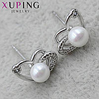 Серёжки женские медицинское золото Xuping Jewelry гвоздики,пусеты сердечки с жемчугом 24K