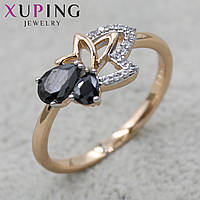 Колечко золотистое тонкое Xuping Jewelry цветочек с чёрными и белыми фианитами медицинское золото 18K