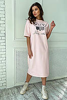 Платье свободного кроя женское летнее трикотажное розовое с принтом