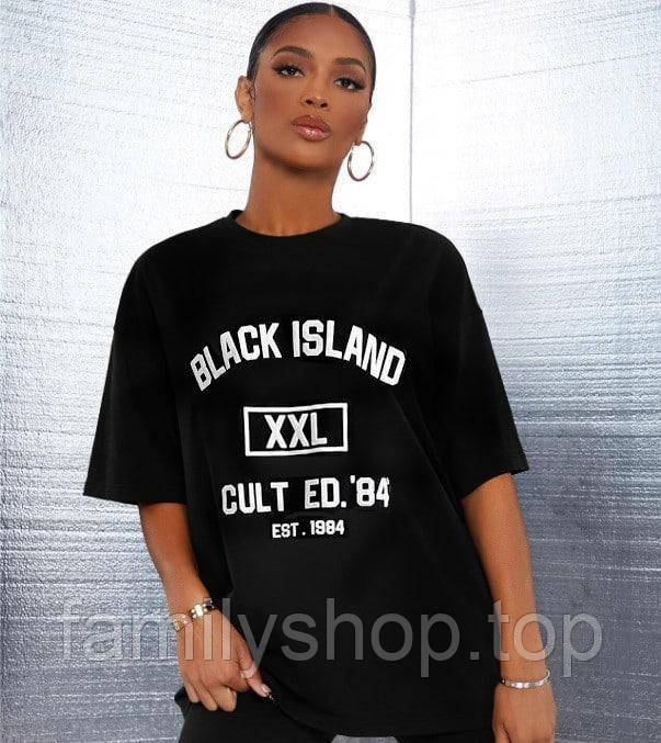 Жіноча чорна футболка з принтом "Black Island" трикотажна повсякденна, розмір 42/44, 44/46