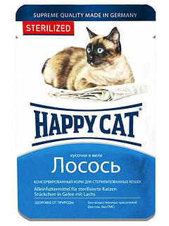 Happy Cat (Хэппи Кэт) Sterilized - Консервированный корм с лососем для стерилизованных котов (кусочки в желе) Подробнее на сайте h