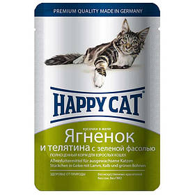 Happy Cat (Хэппи Кэт) Консервированный корм с ягненком и телятиной для котов, кусочки в желе с зеленой фасолью