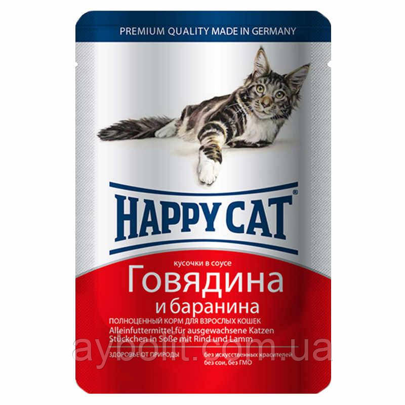 Happy Cat (Хэппи Кэт) Консервированный корм с говядиной и бараниной для котов (кусочки в желе)