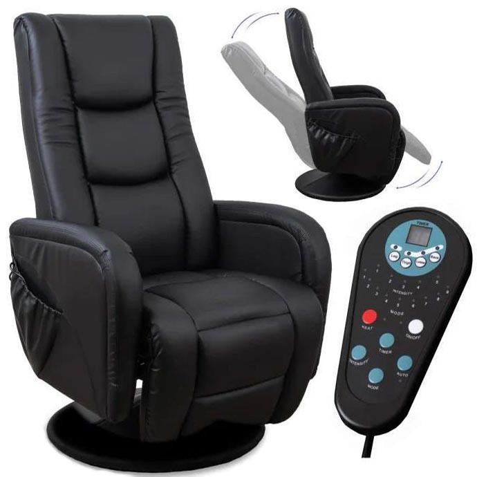 Чорне розкладне крісло Pulsar зі шкірозамінника для відпочинку з функцією масажу на одній опорі, фото 1