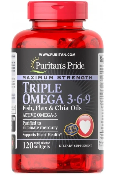 Омега-3-6-9 з олією льону та насіння чіа Puritan's Pride Triple Omega 3-6-9 Fish, Flax & Chia Oils 120 капс.