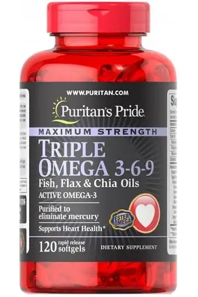 Омега-3-6-9 з олією льону та насіння чіа Puritan's Pride Triple Omega 3-6-9 Fish, Flax & Chia Oils 120 капс., фото 2