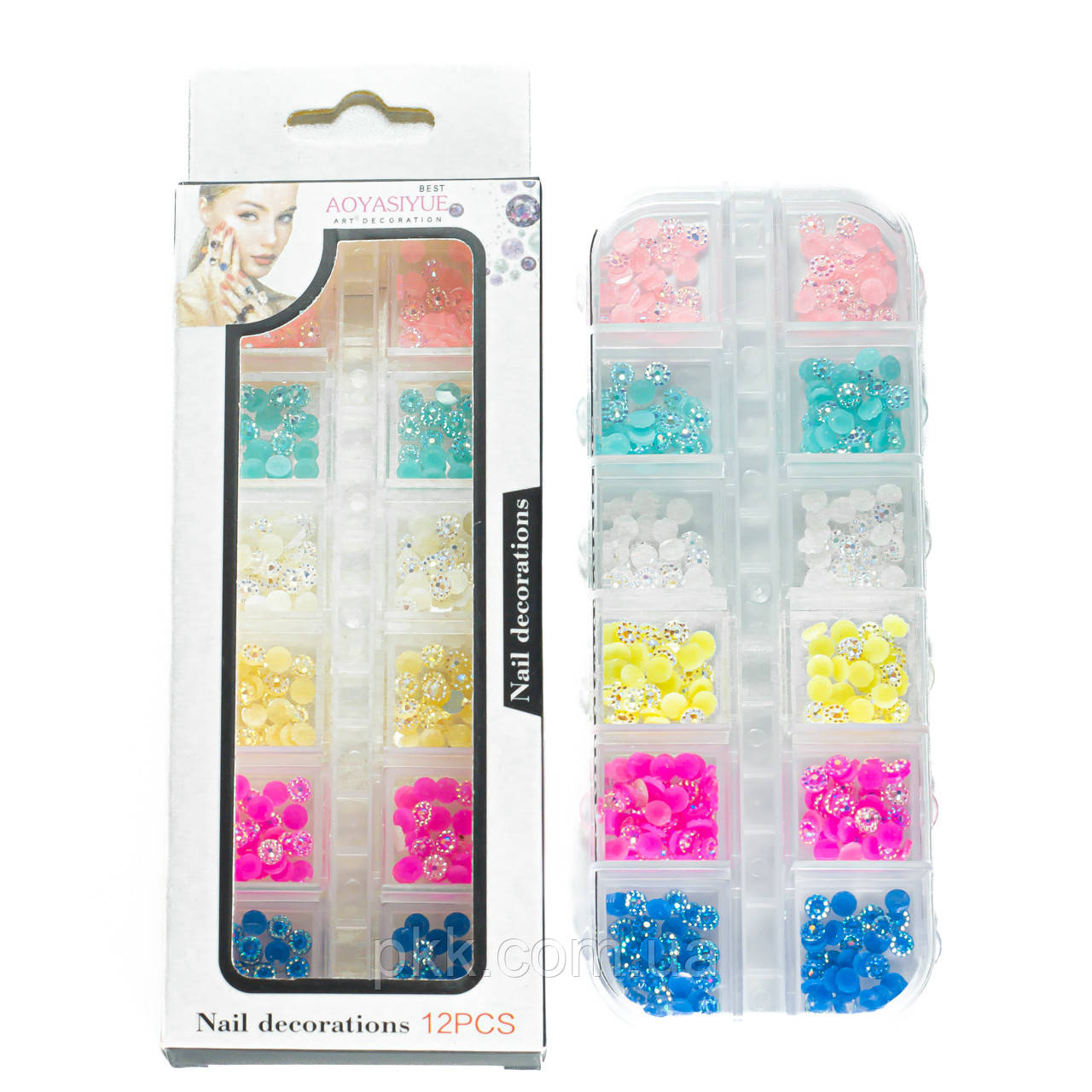 Стрази для манікюру Aoyasiyue Nail Decoration асорті в пластиковій упаковці 12 шт № 1 Яркі кольорові