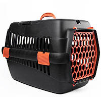 Переноска для животных черная пластик оранжевые двери - 49х35х32 см до 5 кг