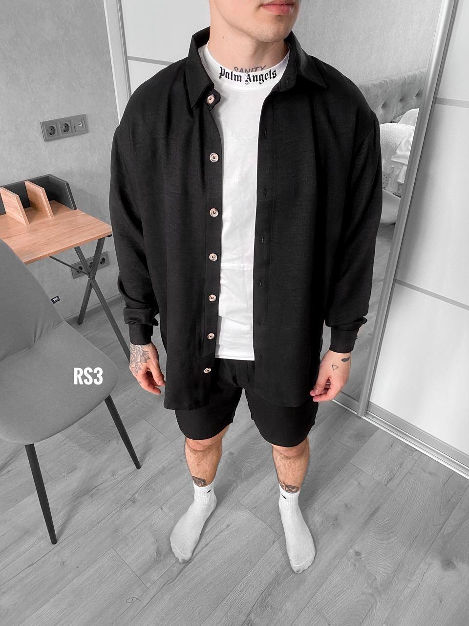 Літній чорий чоловічий костюм шорти та сорочка льон Модний молодіжний одяг для чоловіків RS3